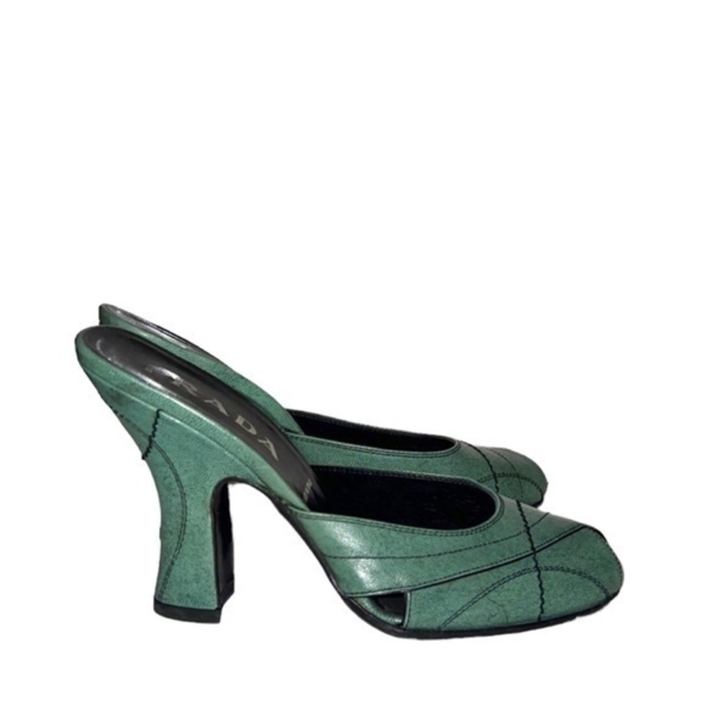 PRADA Vintage 2000s’ Green Leather Block Heel Peep Toe Sandals Mules 37.5 - Picture 3 of 9